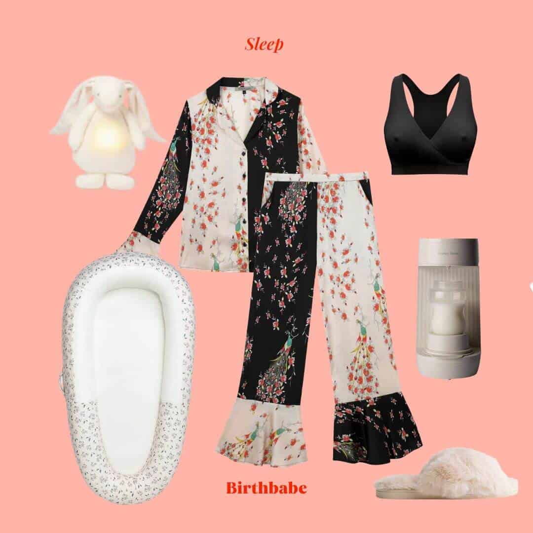 a flatlay of items to help with sleep after giving birth including silk PJs, maternity bra and prep machine