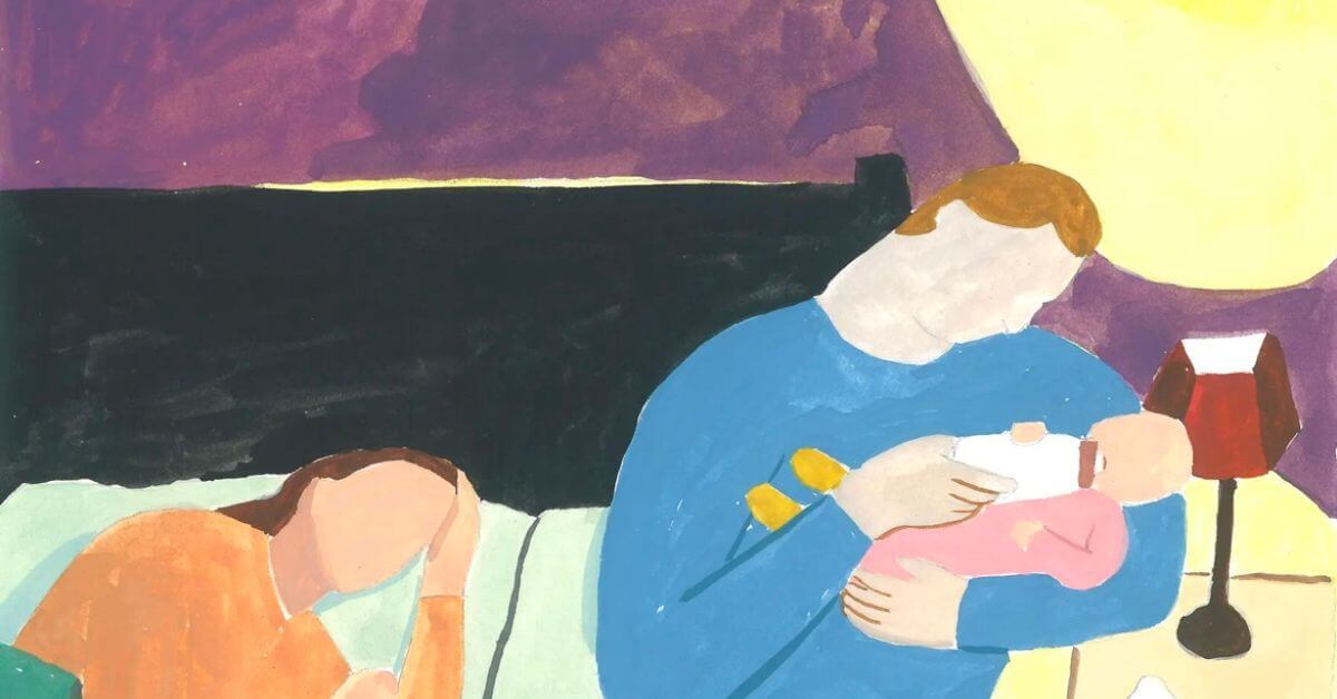 Stylized illustration of two adults lying on a bed while one feeds a baby with a bottle, used to explore debates around breast versus bottle feeding and marriage equality, emphasizing caregiving, family diversity, and intimate domestic life