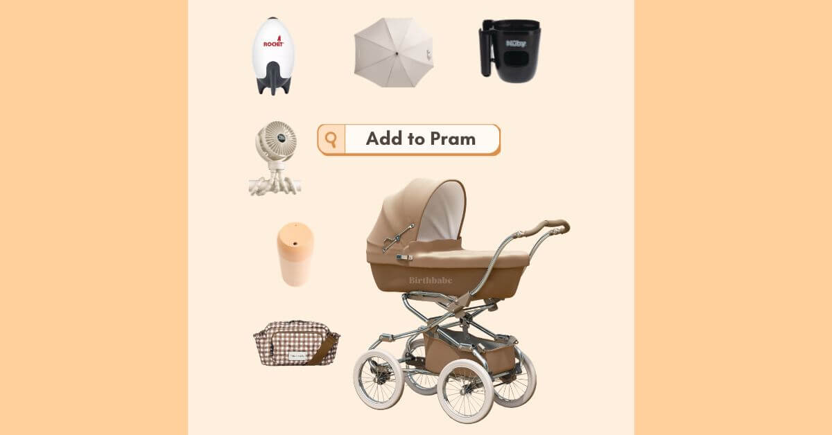 Collage of a pram with accessories
